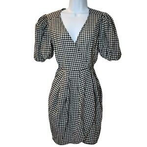 TOPSHOP Black White Gingham Wrap Mini Dress Puff Sleeve‎ US 4
